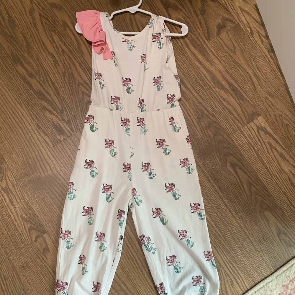 Monica + Andy white and pink mermaid jumpsuit with pink ruffle- size 4